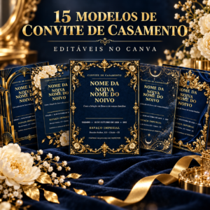 15 Modelos de Convite de Casamento Editável no Canva Premium Azul-Marinho e Dourado Download