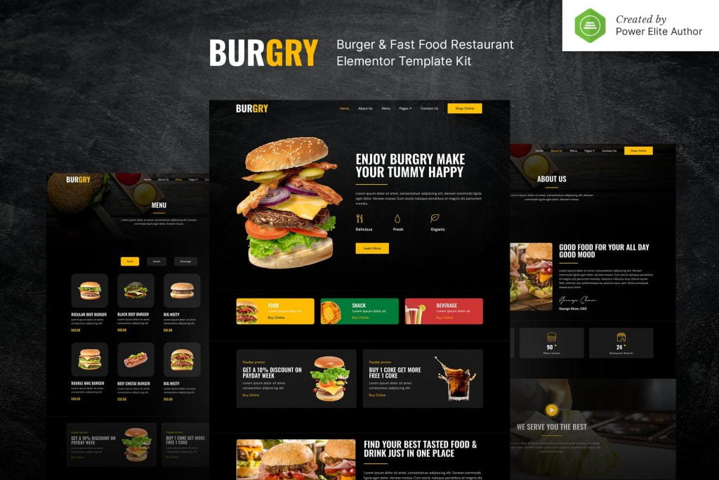 Download Kit Elementor Burgry para Restaurante de Hamburgueria e Fast Food