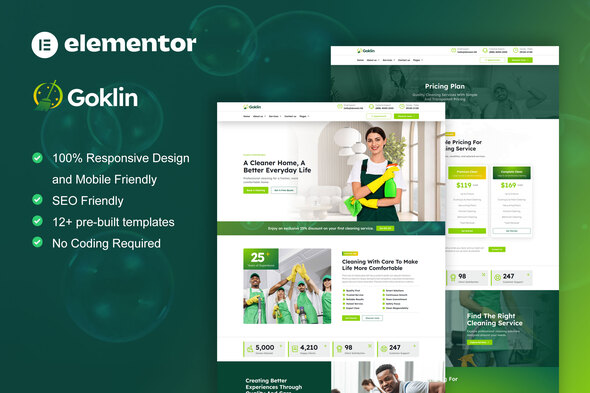 Kit de Modelos Elementor Pro Goklin para Site Serviços de Limpeza