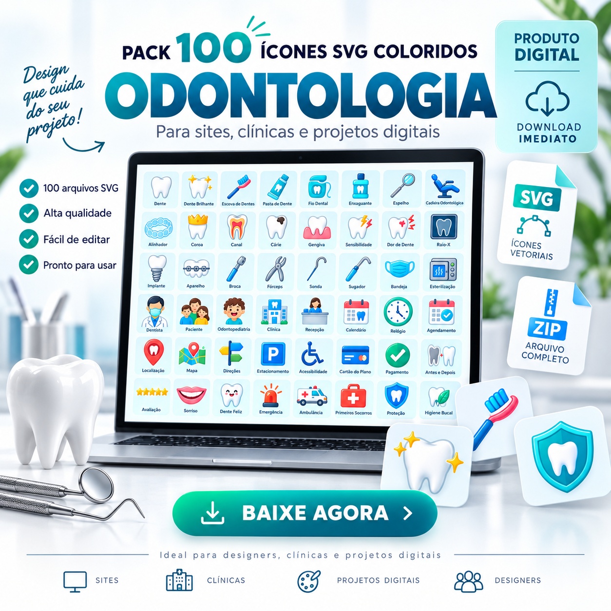 Pack 100 ícones SVG Coloridos Odontologia
