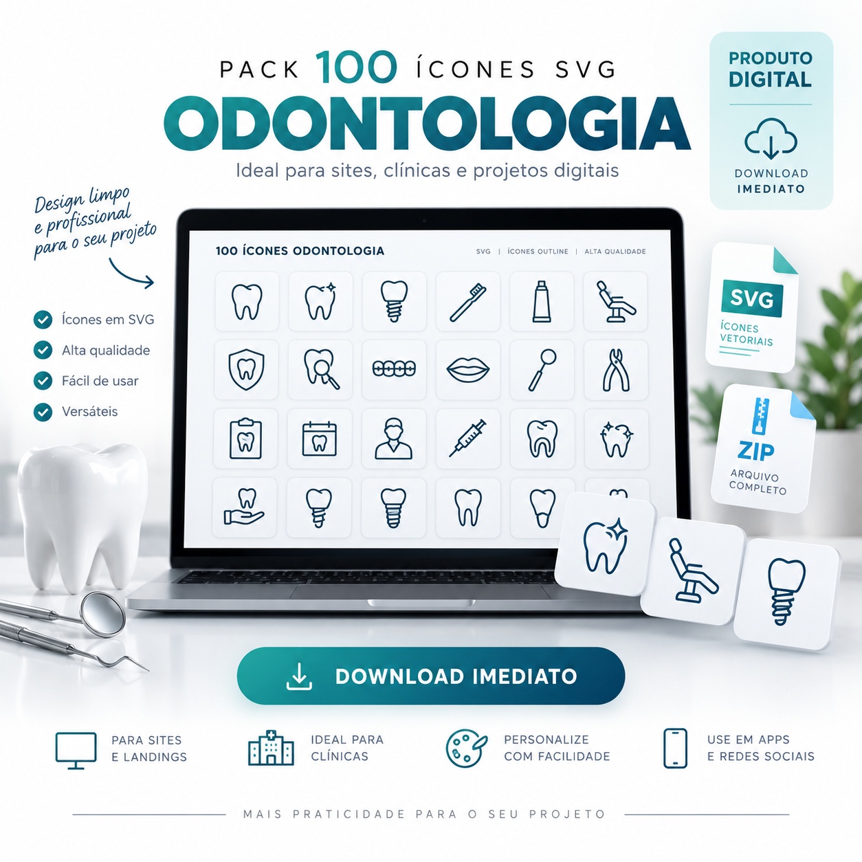 Pack 100 icones SVG Odontologia para Sites clínicas e projetos digitais