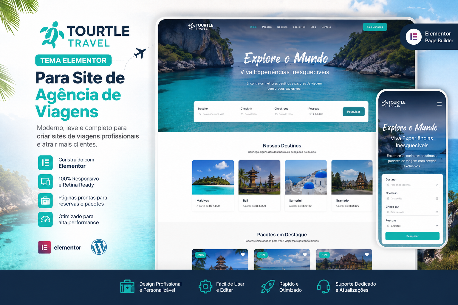 Tema Elementor Tourtle Travel para site de agencia de Viagens