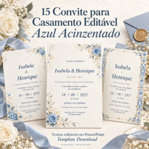 15 Convite para Casamento Editável Azul Acinzentado