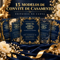 15 Modelos de Convite de Casamento Editável no Canva Premium Azul-Marinho e Dourado